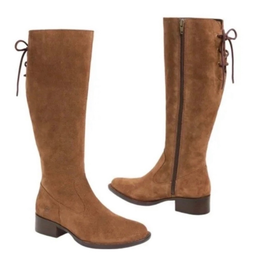 Born Cotto Boots Knee High Suede Low Heel Women's Size 7.5 Tie Up Detail Tall